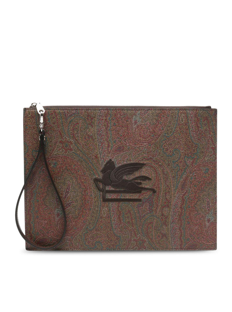 CLUTCH IN TELA PAISLEY JACQUARD MARRONE CON RICAMO LOGO SUL DAVANTI E CINTURINO DA POLSO
