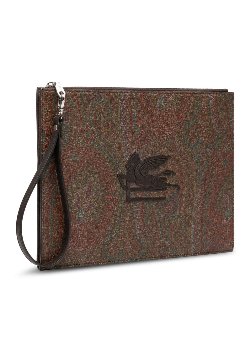 CLUTCH IN TELA PAISLEY JACQUARD MARRONE CON RICAMO LOGO SUL DAVANTI E CINTURINO DA POLSO