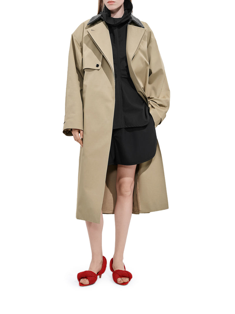 TRENCH IN COTONE CON COLLETTO IN PELLE INTRECCIATA
