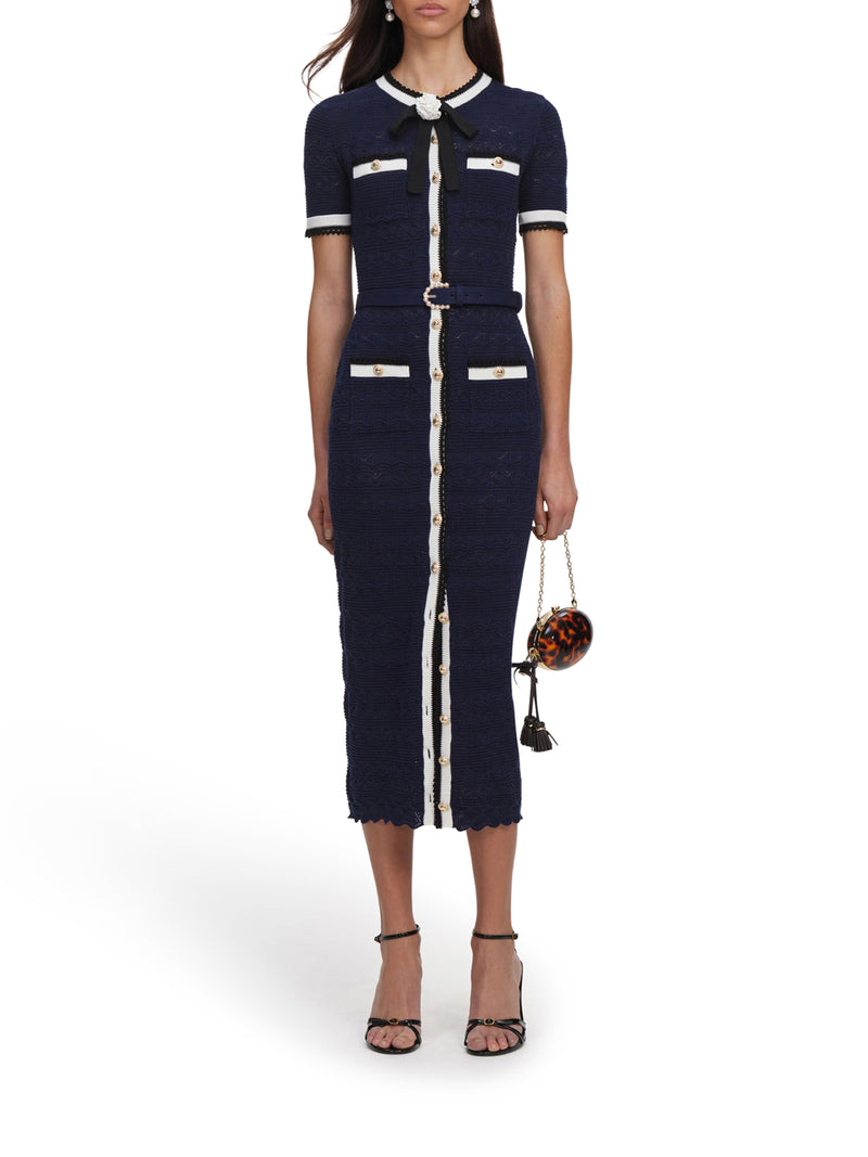 ABITO MIDI IN MAGLIA TRAFORATA BLU NAVY