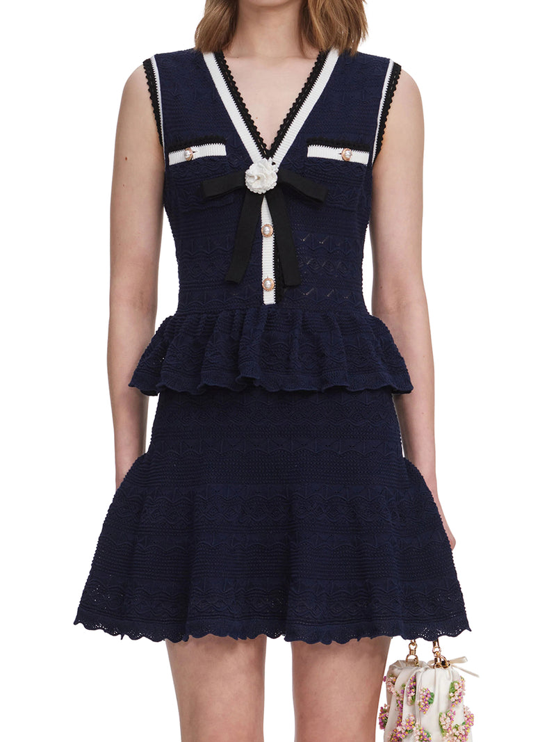 MINI ABITO IN MAGLIA TRAPUNTATA CON PUNTO A PEPLUM BLU NAVY