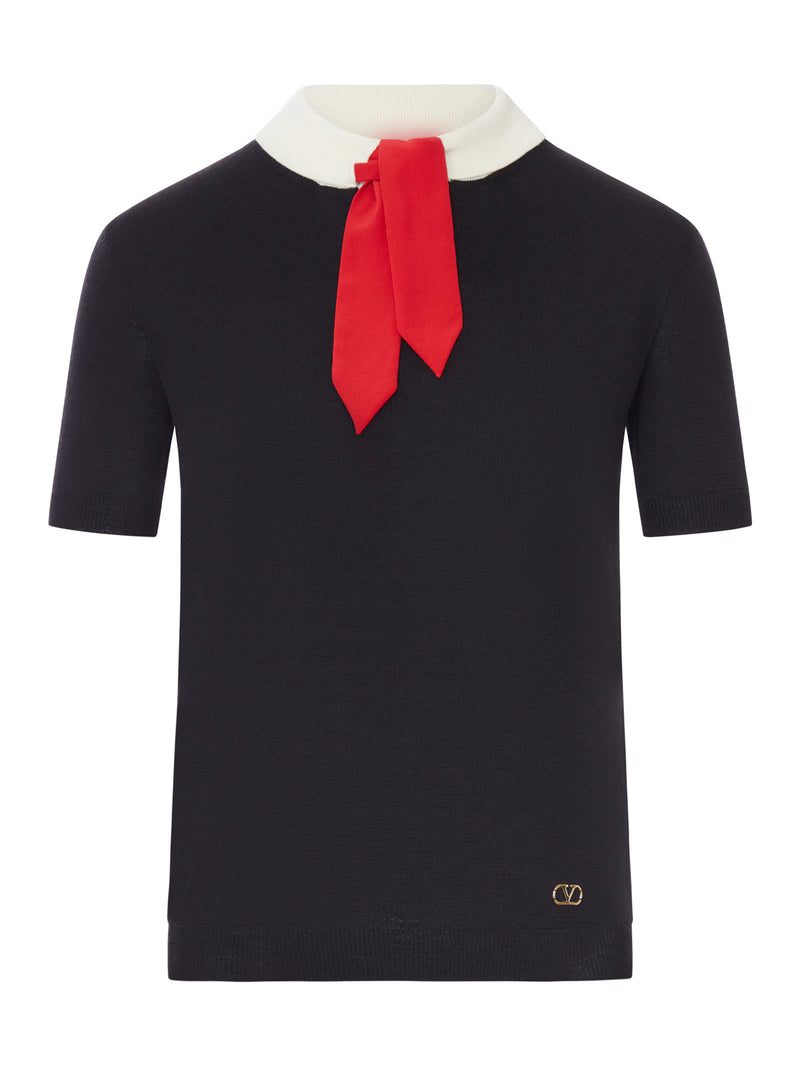 MAGLIA IN LANA CON COLLO A CONTRASTO E FIOCCO