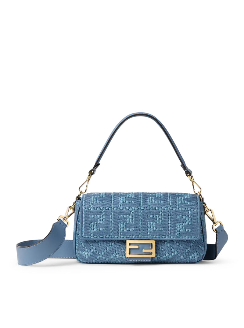 BAGUETTE BORSA IN RAFIA INTRECCIATA CON RICAMO FF BLU