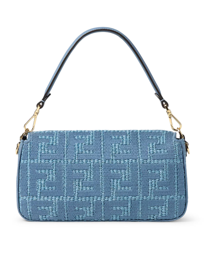 BAGUETTE BORSA IN RAFIA INTRECCIATA CON RICAMO FF BLU