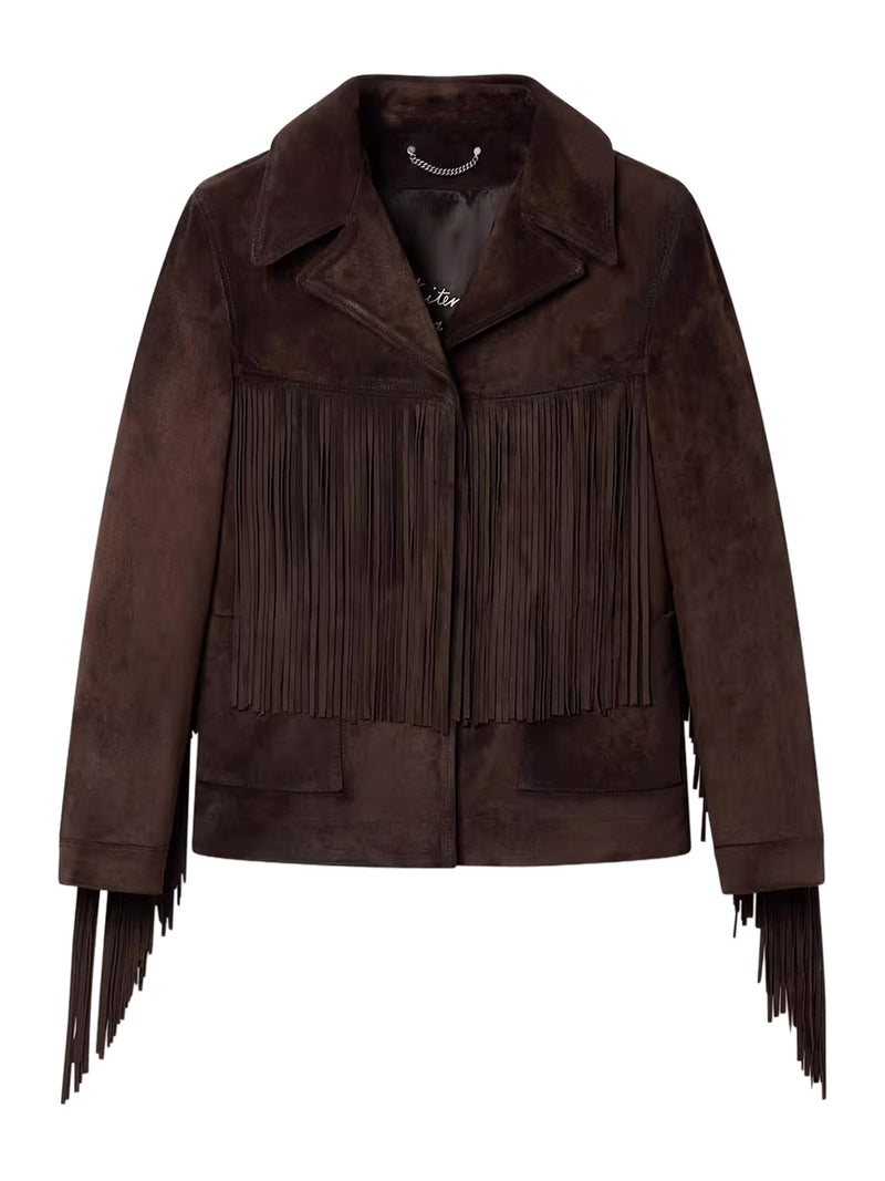 GIACCA IN PELLE MARRONE CERATA CON FRANGE
