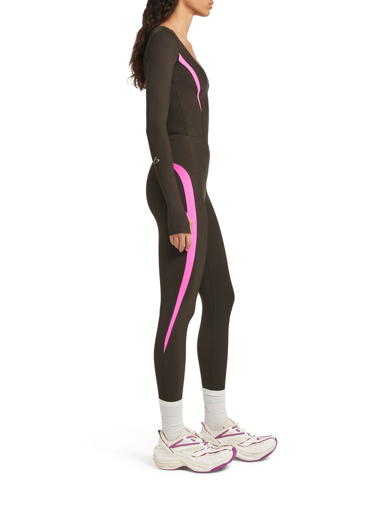 LEGGINGS TECHWEAR IN TESSUTO TECNICO MARRONE KAKI E ROSA FLUO