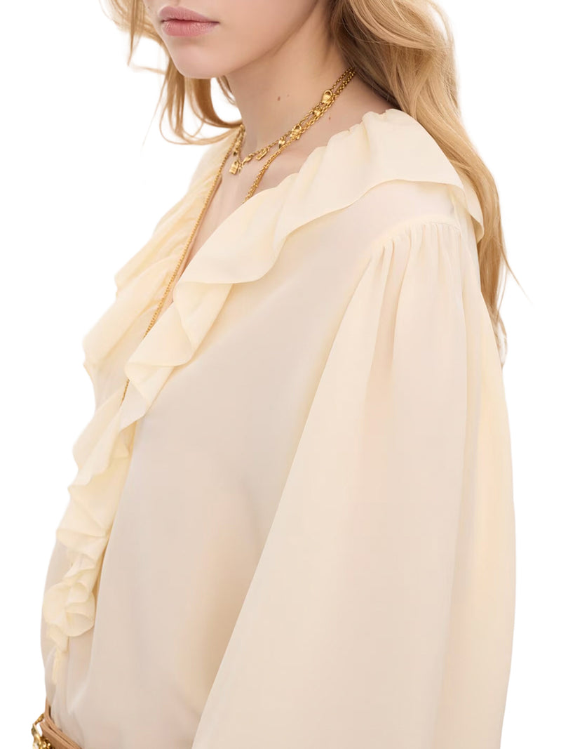 TOP CON VOLANT E SCOLLO A V IN CREPE DE CHINE
