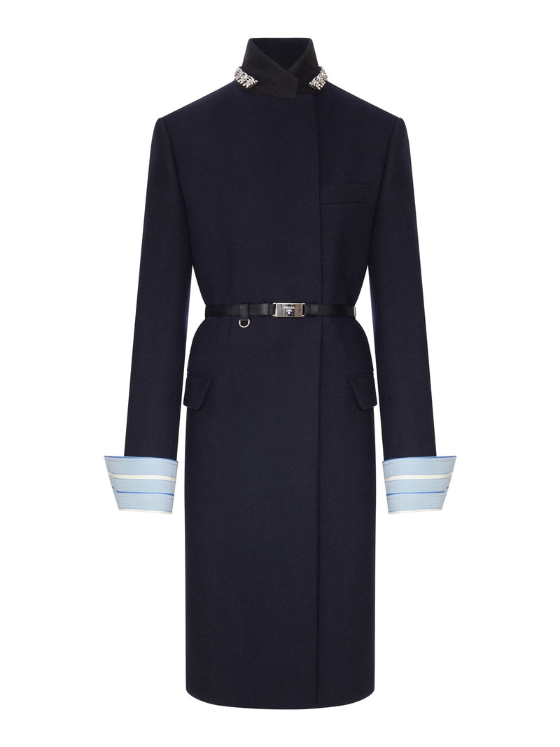 CAPPOTTO LUNGO IN LANA CON CINTURA E COLLO GIOIELLO