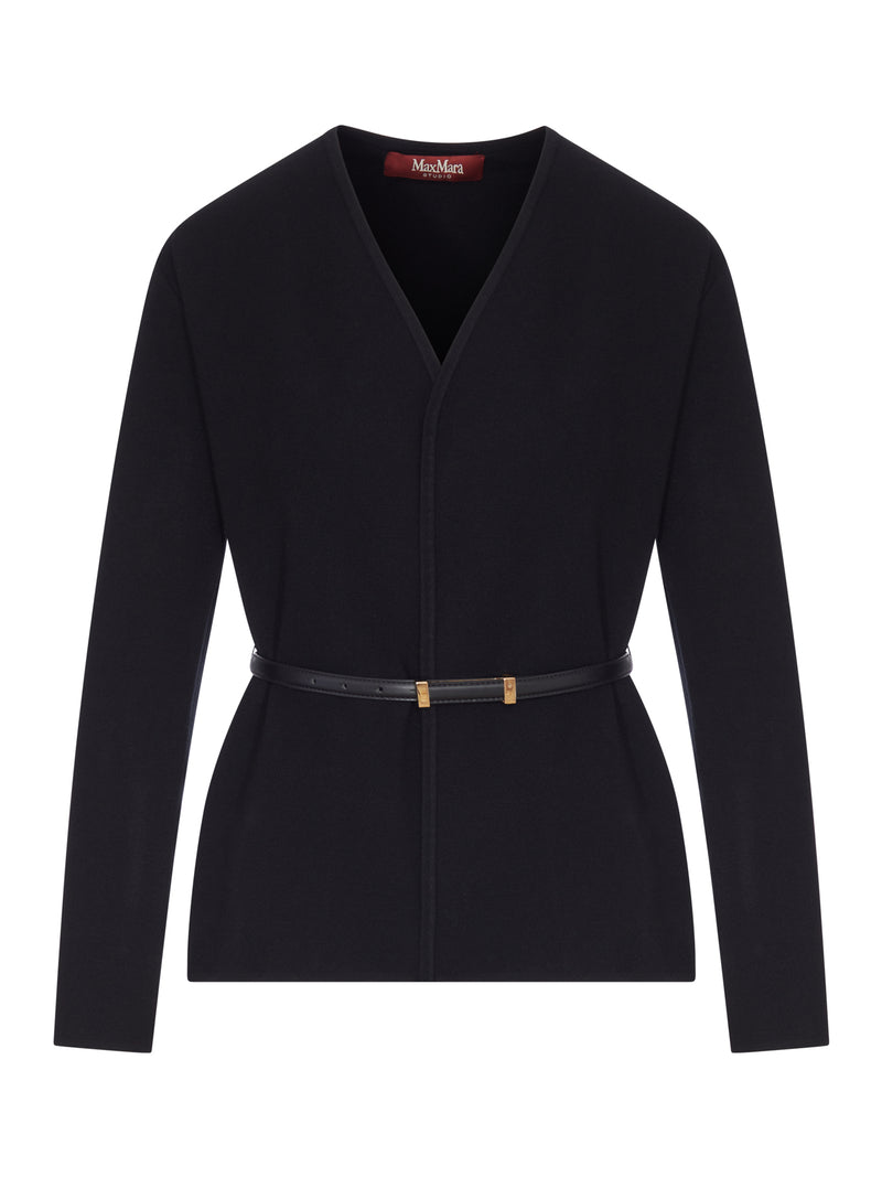CARDIGAN IN LANA CON PROFILI IN PELLE E CINTURA
