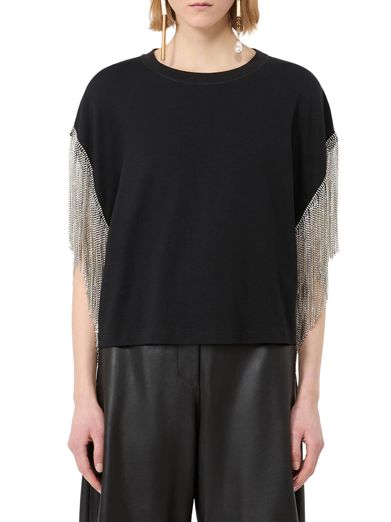 T-SHIRT BOXY IN COTONE CON FRANGE IN STRASS
