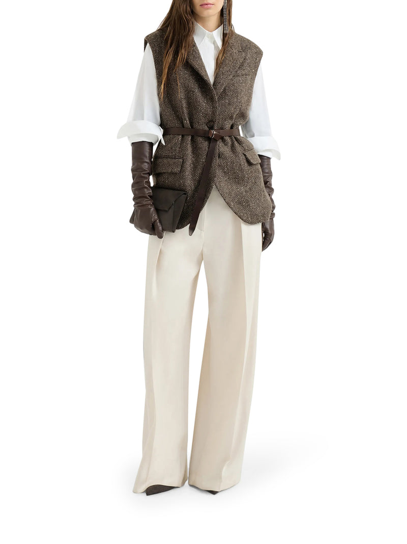 GILET IN CHEVRON DI LANA VERGINE SPARKLING CON CINTURA IN PELLE E MONILE