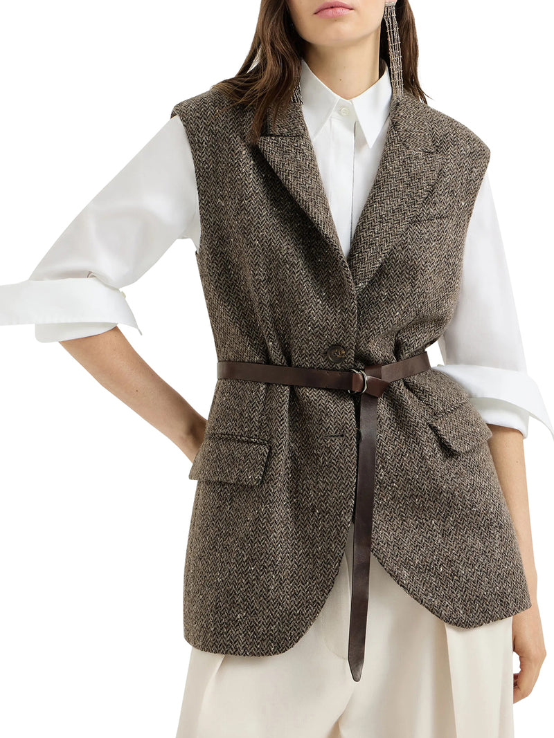 GILET IN CHEVRON DI LANA VERGINE SPARKLING CON CINTURA IN PELLE E MONILE
