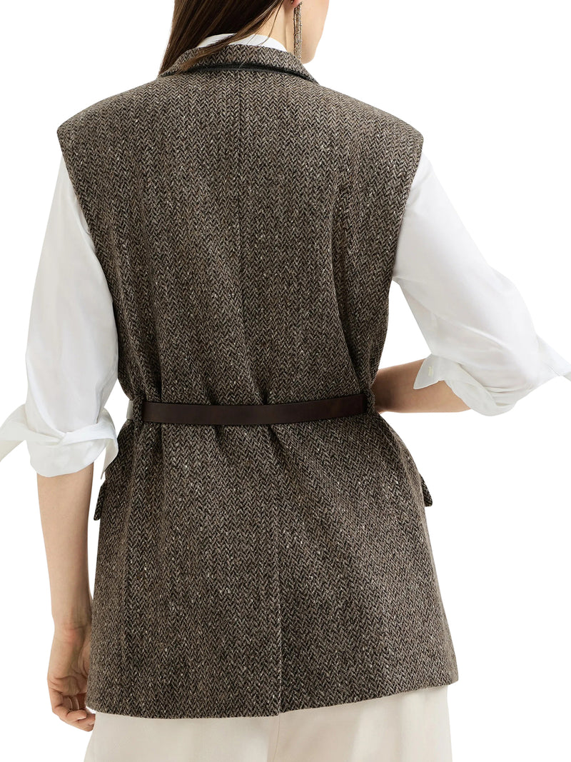 GILET IN CHEVRON DI LANA VERGINE SPARKLING CON CINTURA IN PELLE E MONILE