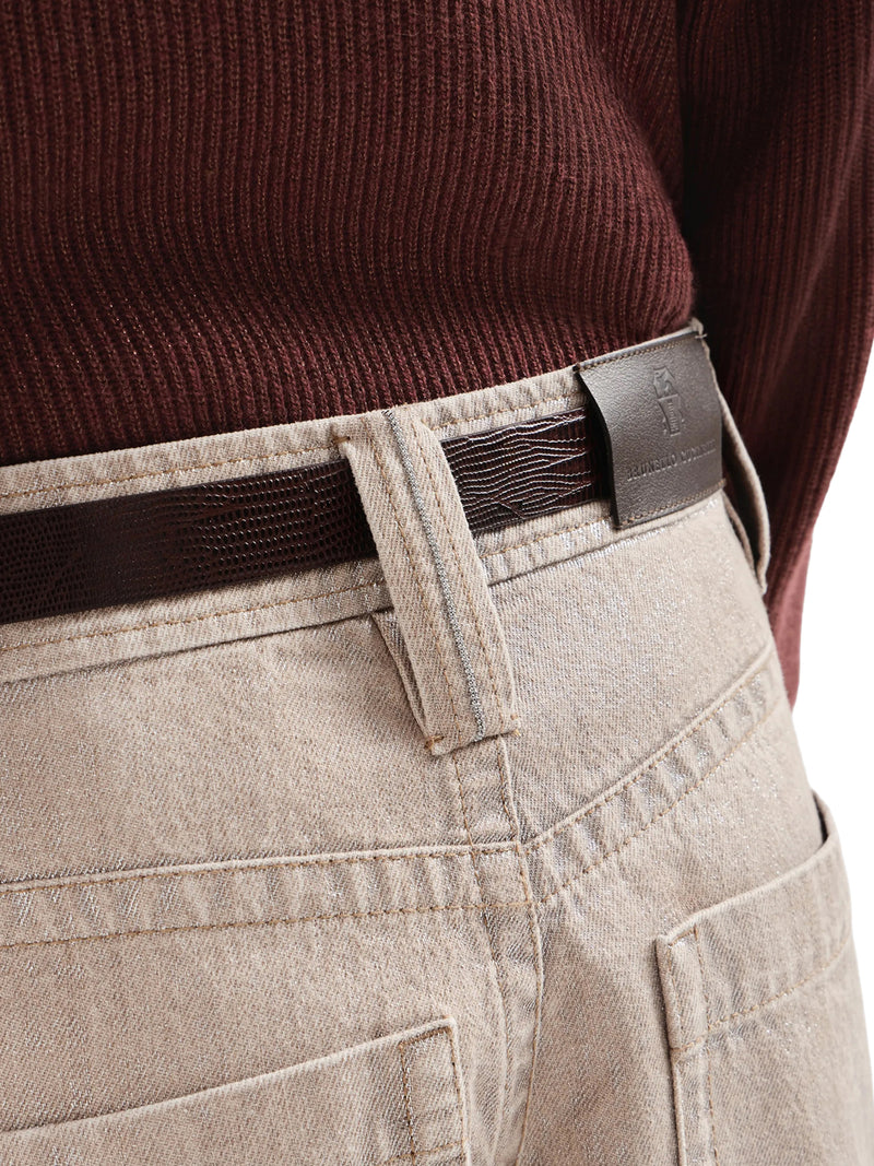 PANTALONE BAGGY IN DENIM BEIGE LAMÉ CON MONILE