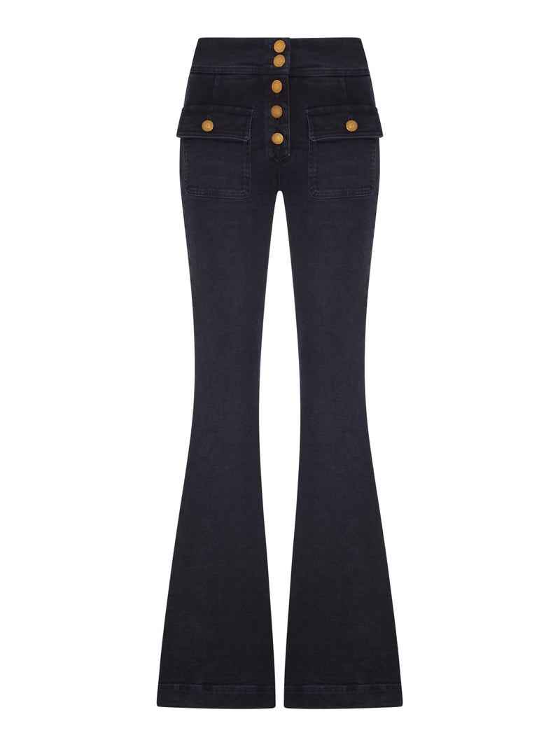 JEANS FLARE IN DENIM SCURO CON BOTTONI DORATI