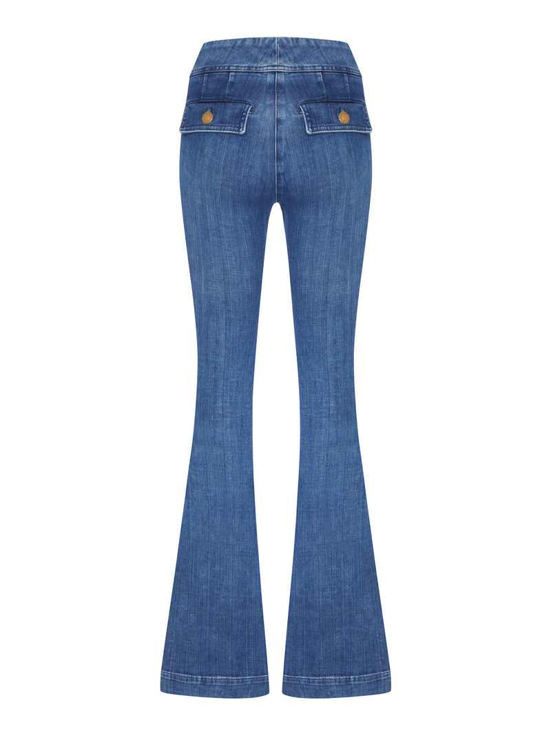 JEANS FLARE IN DENIM CON BOTTONI DORATI