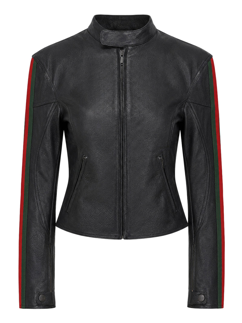 GIACCA BIKER IN PELLE CON NASTRO WEB