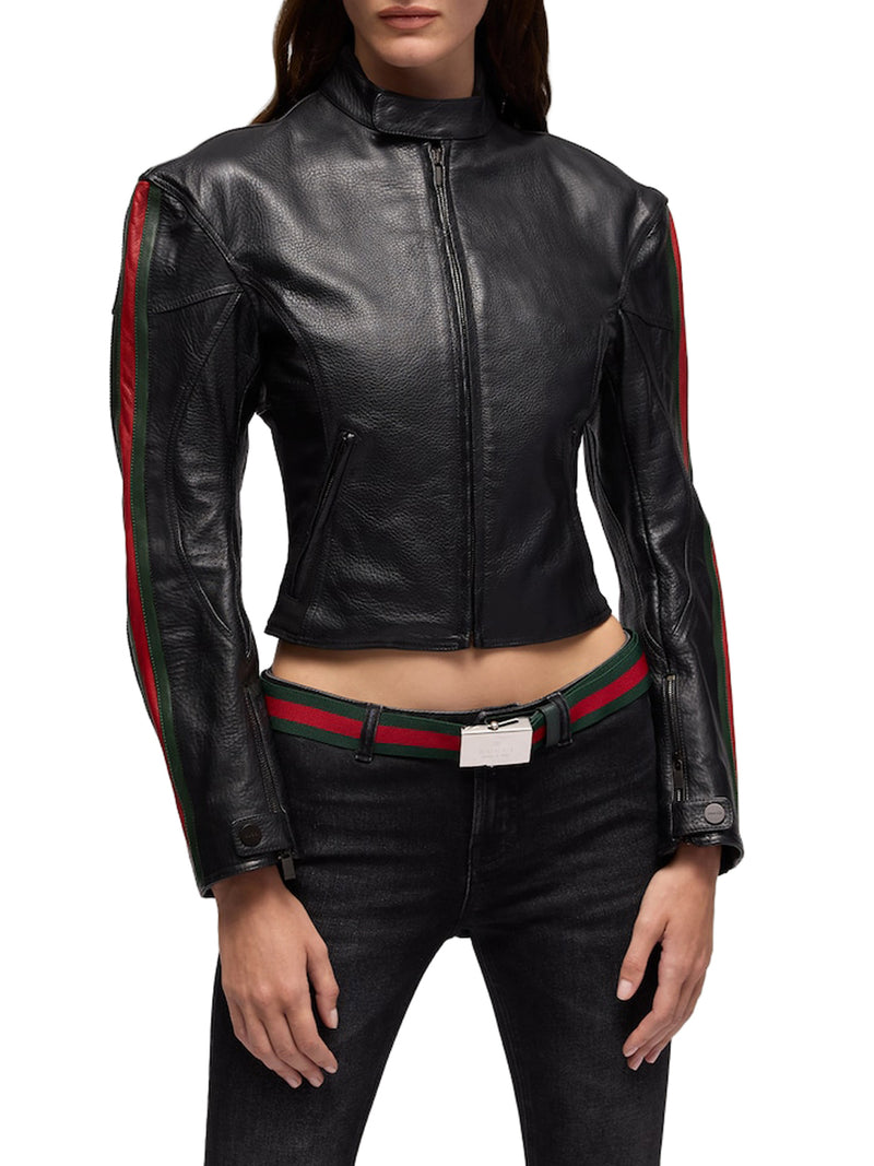GIACCA BIKER IN PELLE CON NASTRO WEB