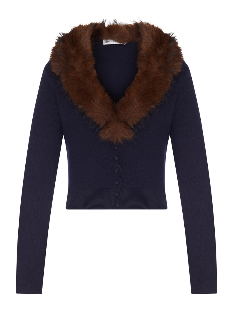CARDIGAN CORTO IN MAGLIA CON COLLO IN ECOPELLICCIA