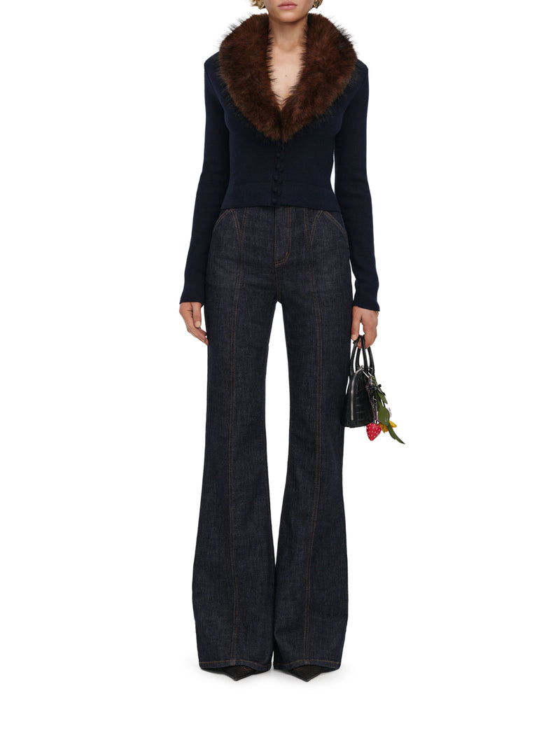 CARDIGAN CORTO IN MAGLIA CON COLLO IN ECOPELLICCIA