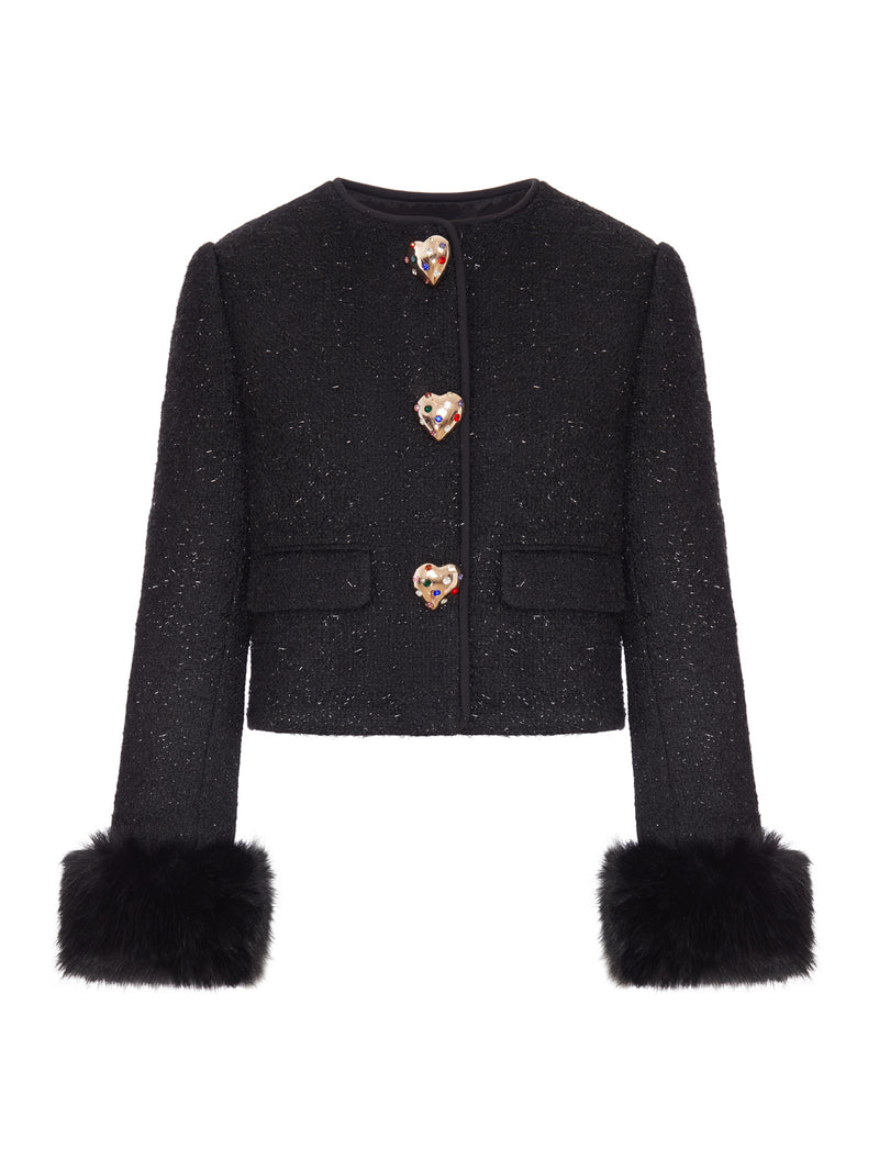 GIACCA CORTA IN TWEED CON BOTTONI GIOIELLO E POLSINI IN ECOPELLICCIA