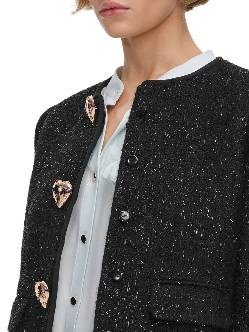 GIACCA CORTA IN TWEED CON BOTTONI GIOIELLO E POLSINI IN ECOPELLICCIA