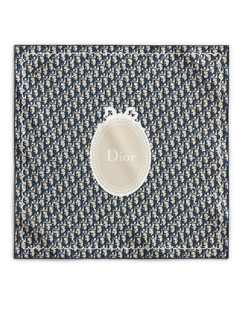 FOULARD QUADRATO POLKADIOR OBLIQUE IN TWILL DI SETA BLU NAVY E BEIGE