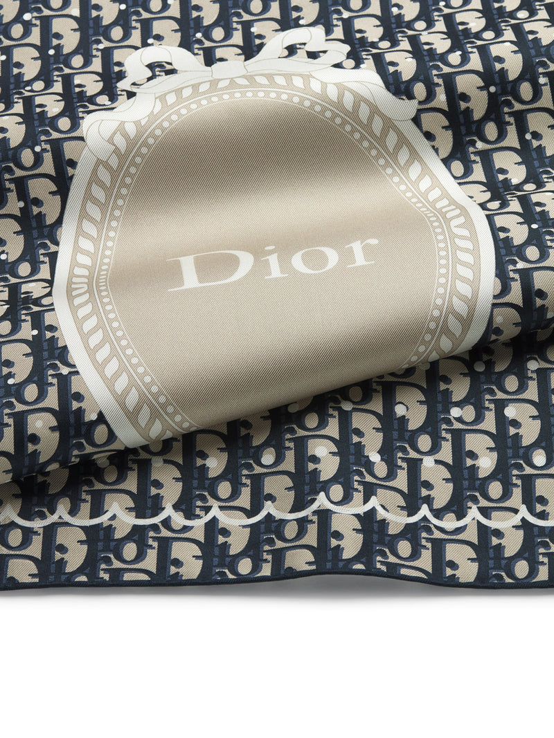 FOULARD QUADRATO POLKADIOR OBLIQUE IN TWILL DI SETA BLU NAVY E BEIGE