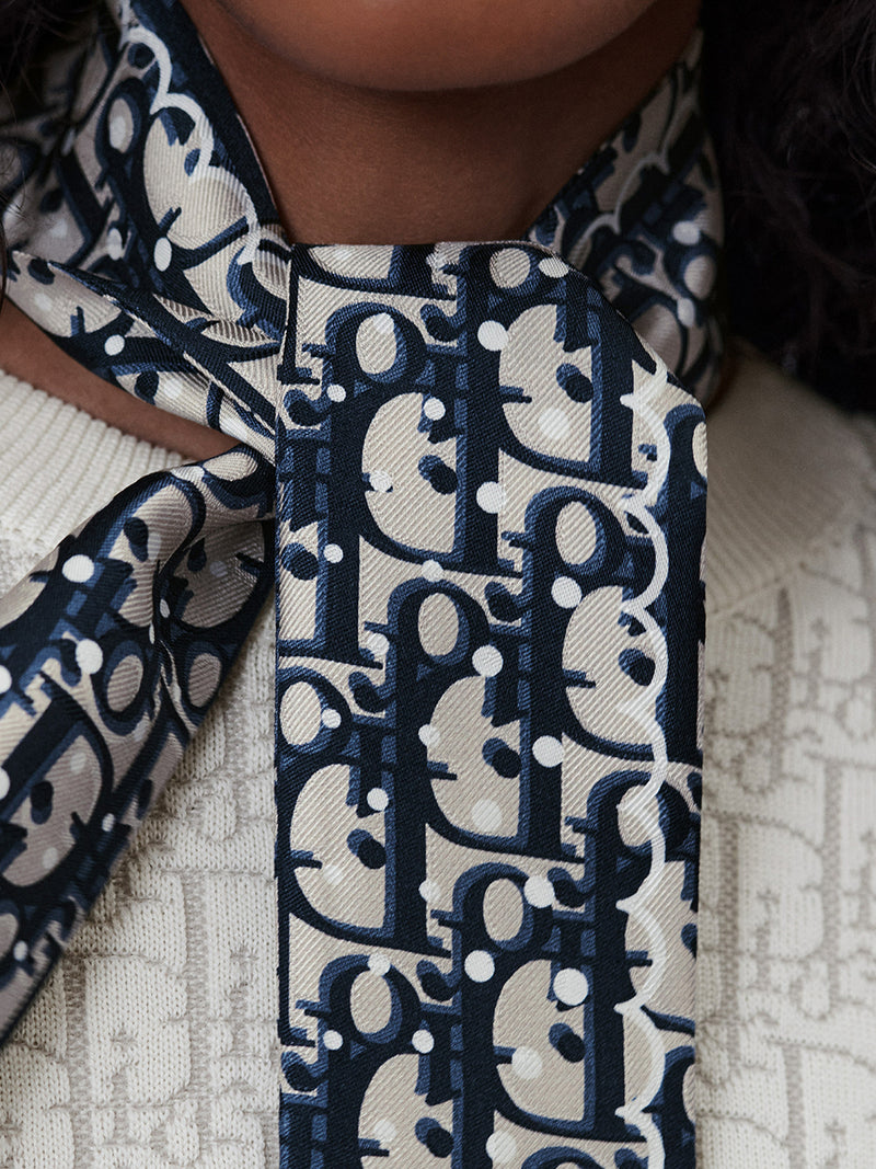 FOULARD MITZAH POLKADIOR OBLIQUE IN TWILL DI SETA BLU NAVY E BEIGE