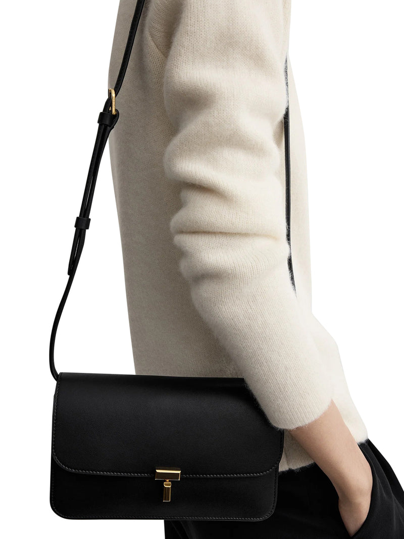 BORSA A TRACOLLA IN PELLE NERA CON CHIUSURA T-LOCK