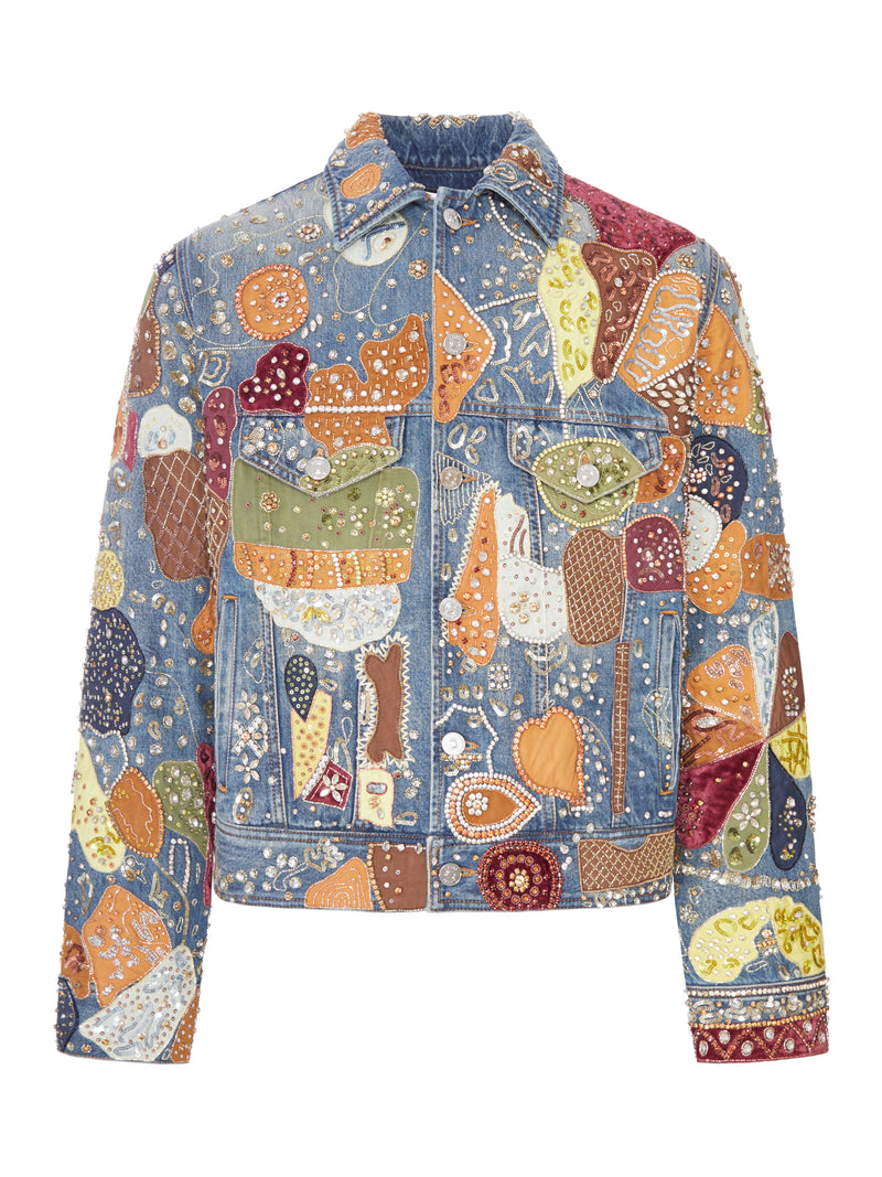 GIACCA IN DENIM RICAMATA E DECORATA CON APPLICAZIONI GIOIELLO