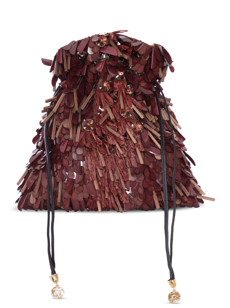 BORSA A SECCHIELLO CON PAILLETTES E FRANGE DECORATIVE