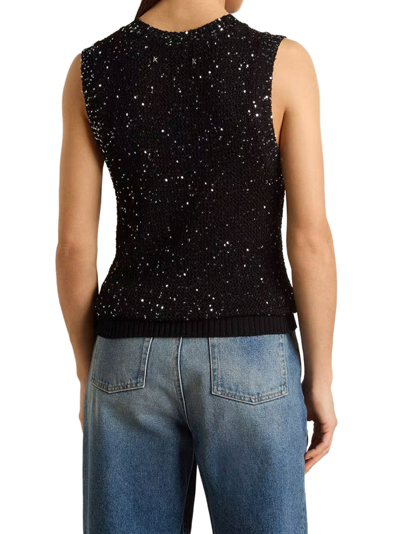 TOP IN MAGLIA A RETE CON PAILLETES E DETTAGLI A CONTRASTO