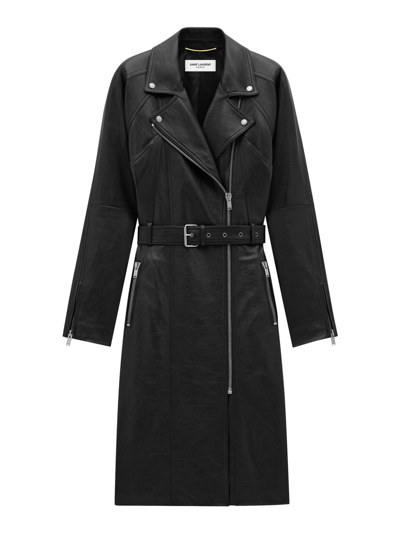 CAPPOTTO BIKER MIDI CON ZIP E COLLO A PUNTA BIDIREZIONALE, MANICHE RAGLAN E CINTURA REGOLABILE