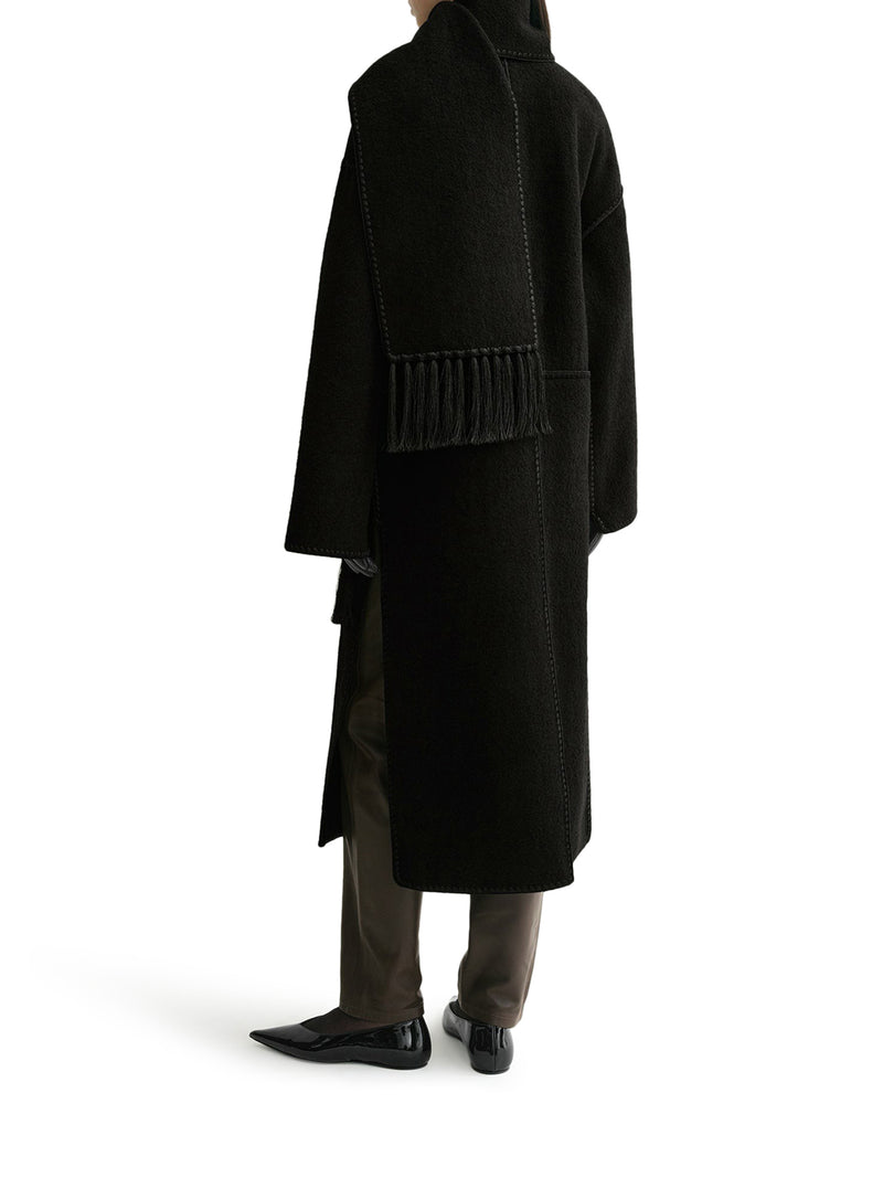 Cappotto sciarpa ricamato nero