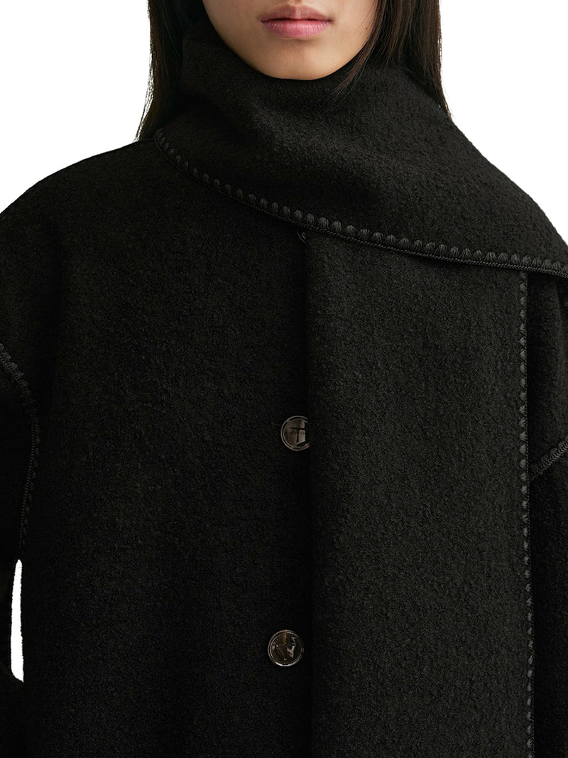 Cappotto sciarpa ricamato nero