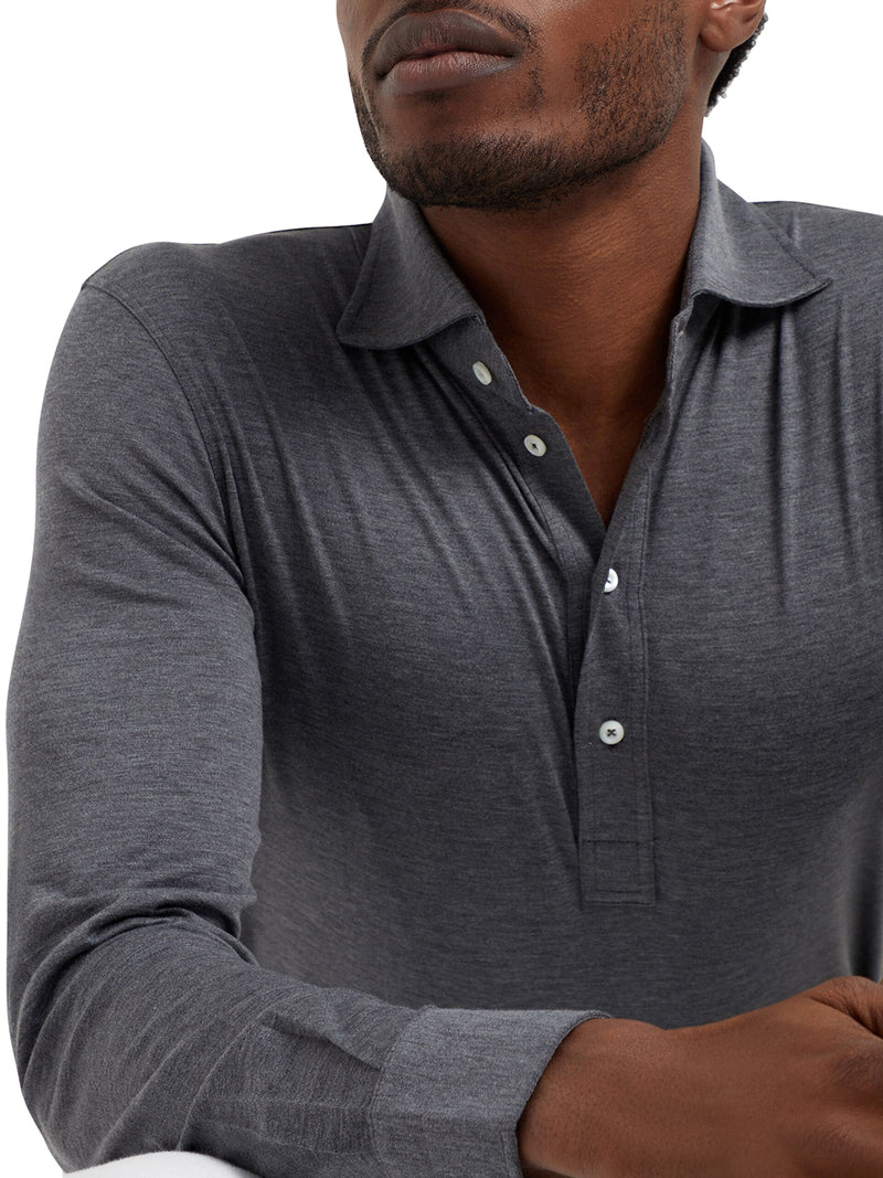 Polo manica lunga in jersey leggero di seta e cotone con collo camicia