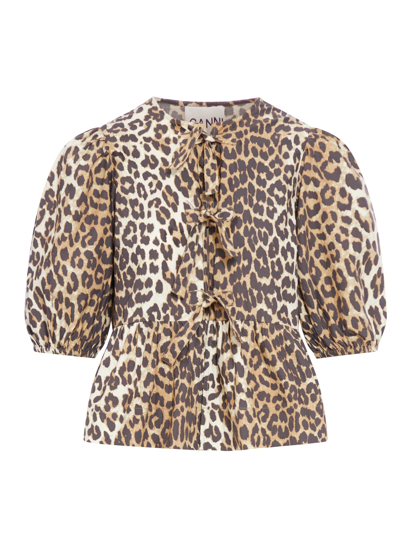 BLUSA IN POPELINE DI COTONE CON CRAVATTA A PEPLUM LEOPARDATA