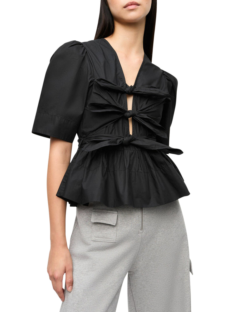 BLUSA IN COTONE ELASTICIZZATO NERO CON SPALLINE LACCATE