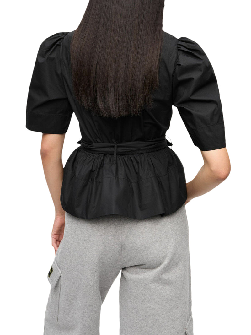 BLUSA IN COTONE ELASTICIZZATO NERO CON SPALLINE LACCATE