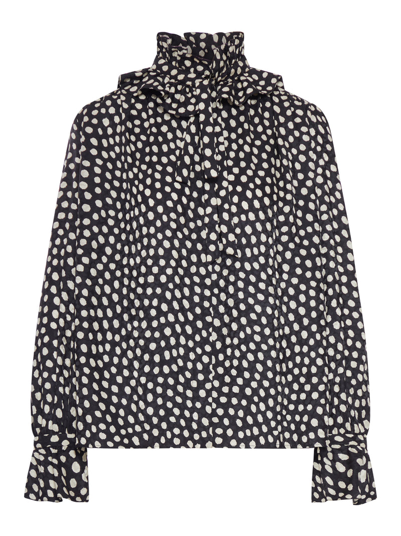 BLUSA CON VOLANT E NASTRI SUL DAVANTI IN JACQUARD DI SETA
