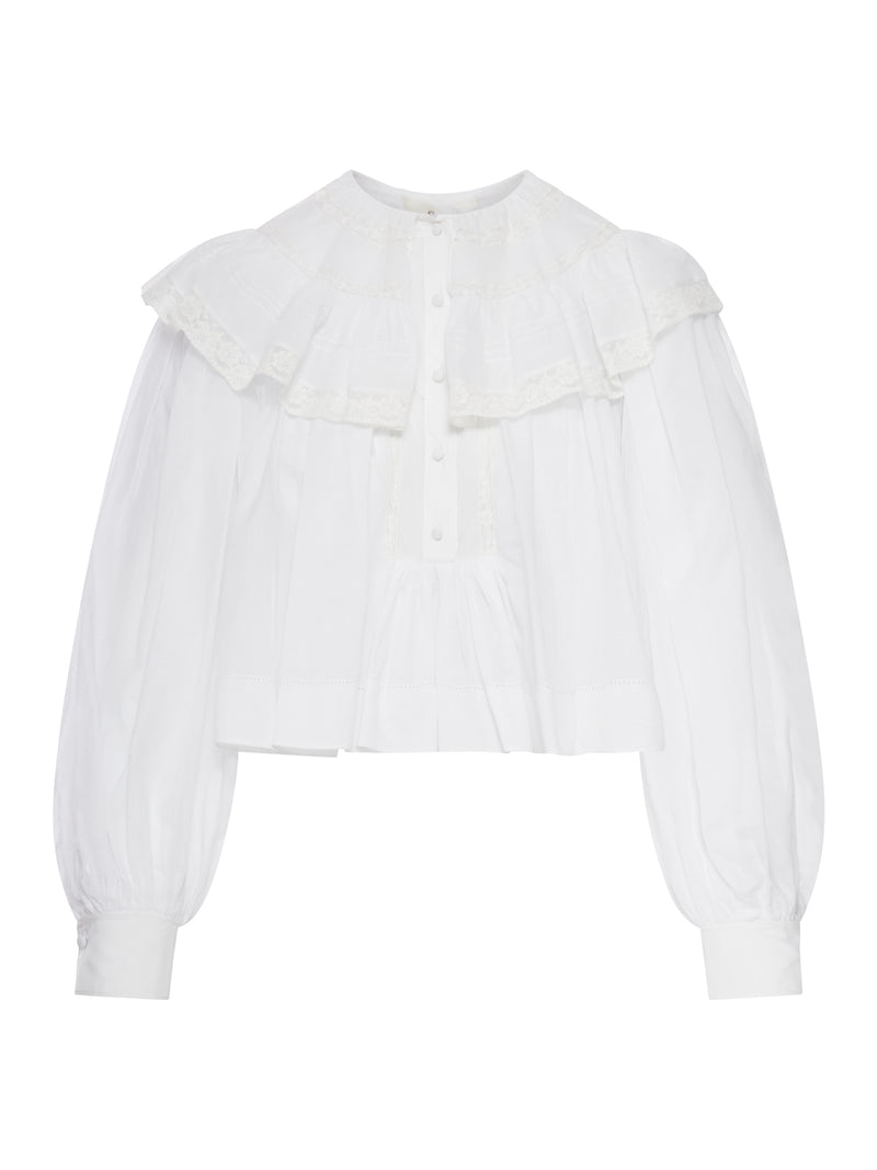 BLUSA IN COTONE BIANCO CON RUCHES E DETTAGLI IN PIZZO