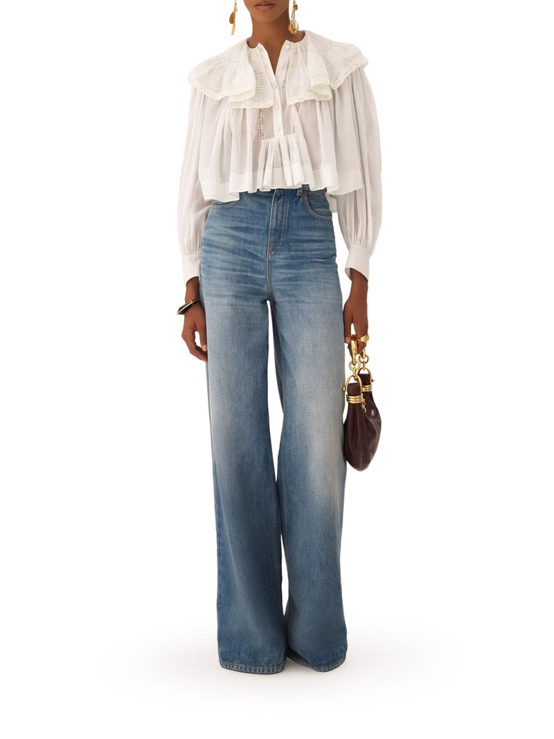 BLUSA IN COTONE BIANCO CON RUCHES E DETTAGLI IN PIZZO