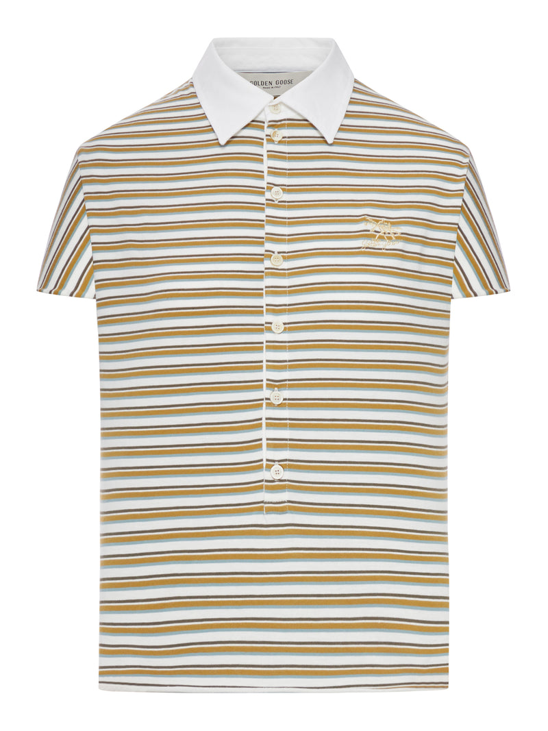 T-SHIRT POLO IN JERSEY A RIGHE CON COLLETTO A CONTRASTO