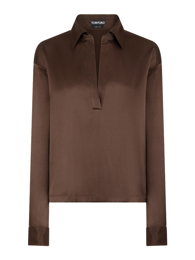 BLUSA IN RASO DI SETA CON LOGO TF RICAMATO TONO SU TONO MARRONE