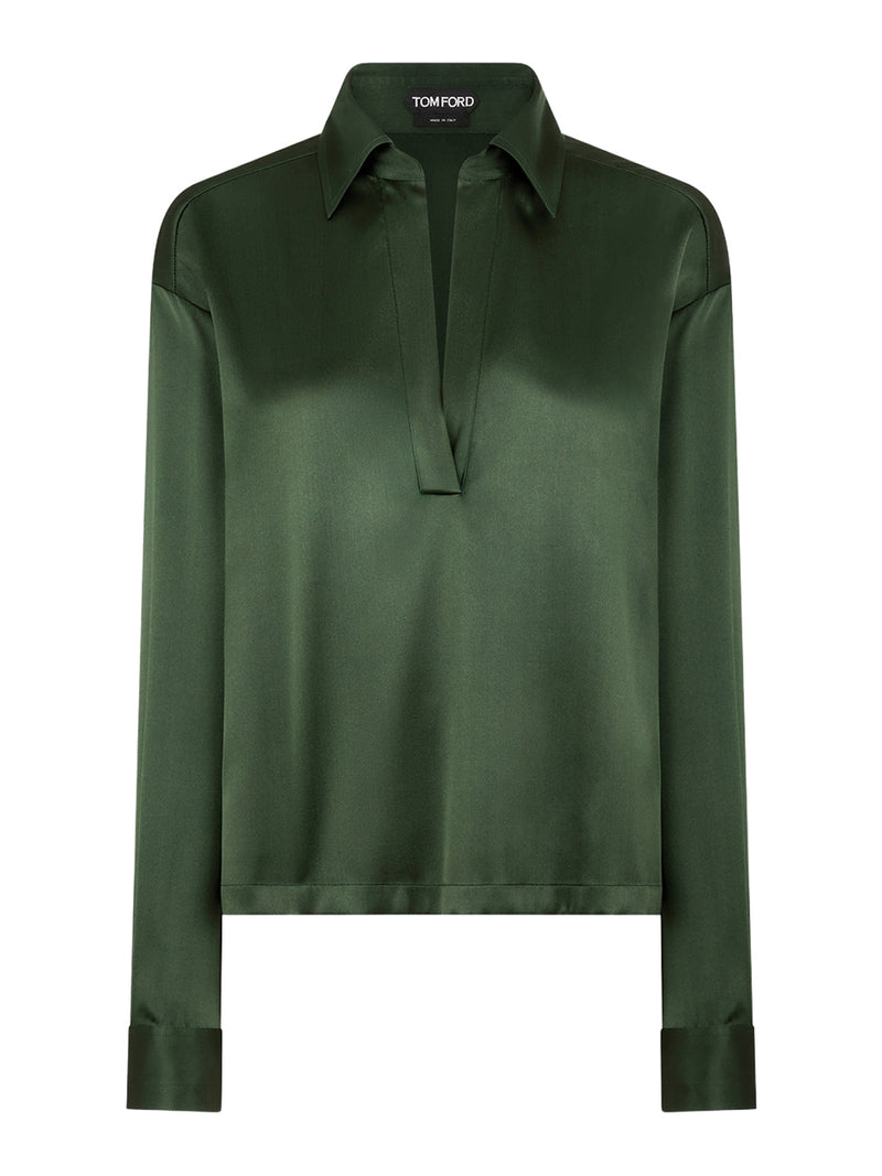 BLUSA IN RASO DI SETA CON LOGO TF RICAMATO TONO SU TONO VERDE