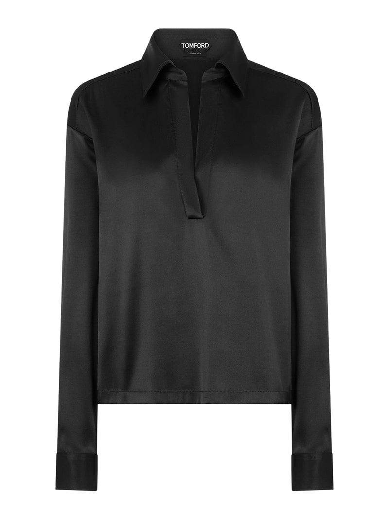 BLUSA IN RASO DI SETA CON LOGO TF RICAMATO TONO SU TONO NERO