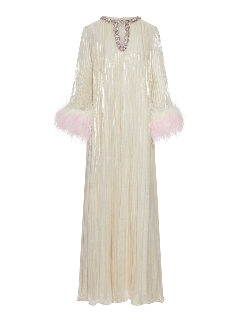 ABITO LUNGO METALLIZZATO CON PIUME