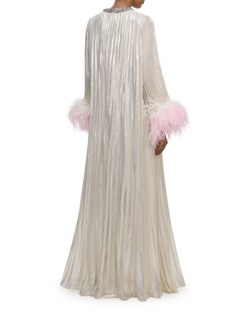 ABITO LUNGO METALLIZZATO CON PIUME