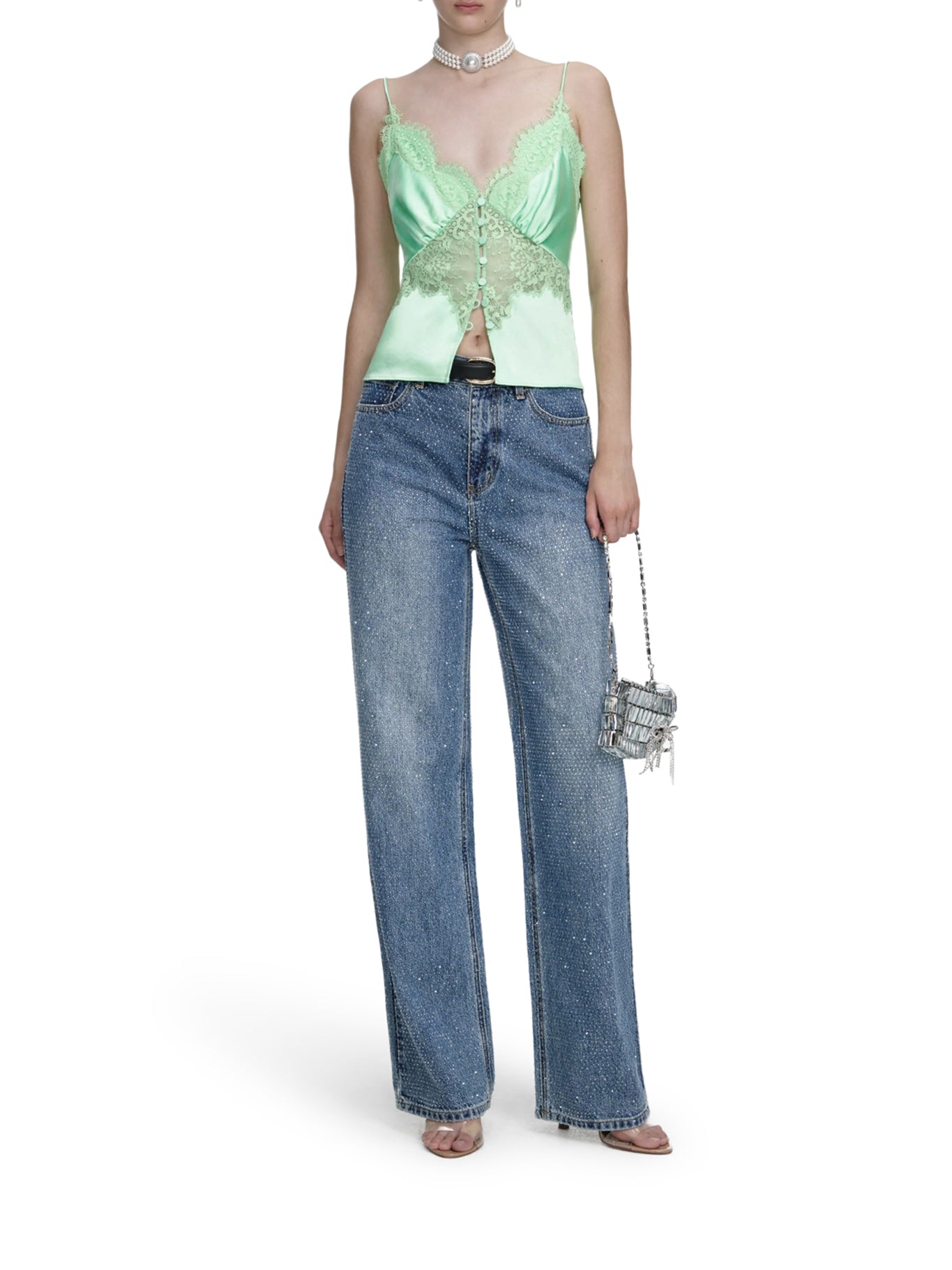 JEANS A GAMBA DRITTA IN DENIM CON STRASS
